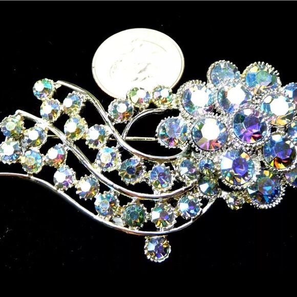 BSK VINTAGE DESIGNER SIGNED 3" BLUE AB RHINESTONE FLOWER FLORAL SPRAY PIN,EARRIN - Picture 8 of 11